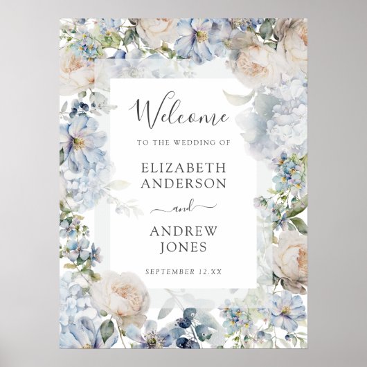 Elegant Dusty Blue Flowers Tuin Bruiloft Welkom Poster (Voorkant)