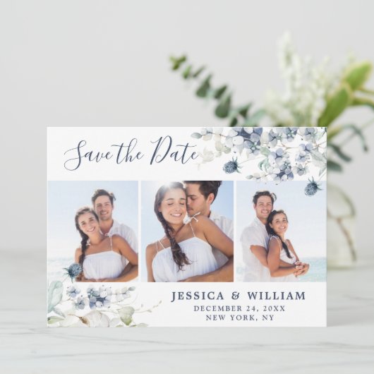 Elegant Dusty Blue Foliage Wedding 3 FOTO Save The Date (Staand voorkant)