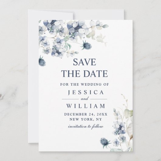 Elegant Dusty Blue Foliage Wedding Save the Date (Voorkant)