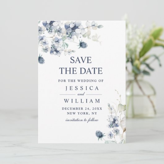 Elegant Dusty Blue Foliage Wedding Save the Date (Staand voorkant)