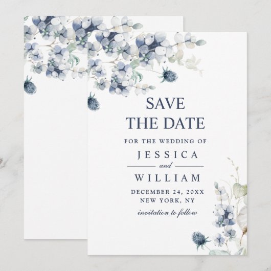 Elegant Dusty Blue Foliage Wedding Save the Date (Voorkant / Achterkant)