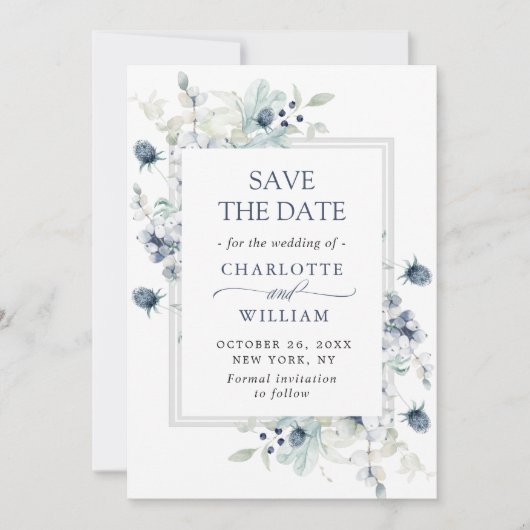 Elegant Dusty Blue Foliage Wedding Save the Date (Voorkant)