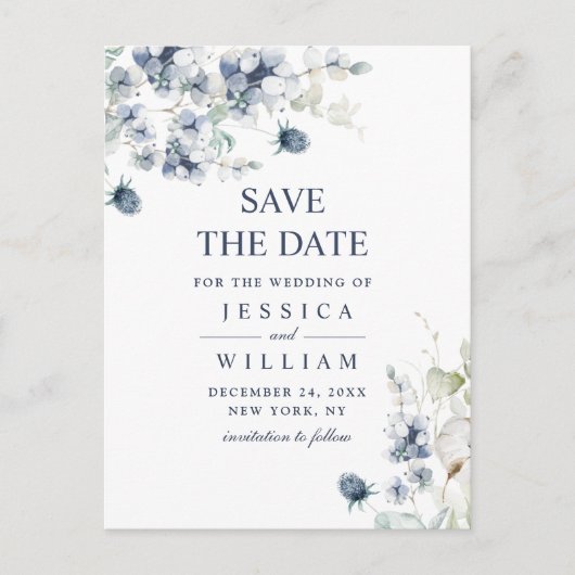 Elegant Dusty Blue Foliage Wedding Save the Date Aankondigingskaart (Voorkant)