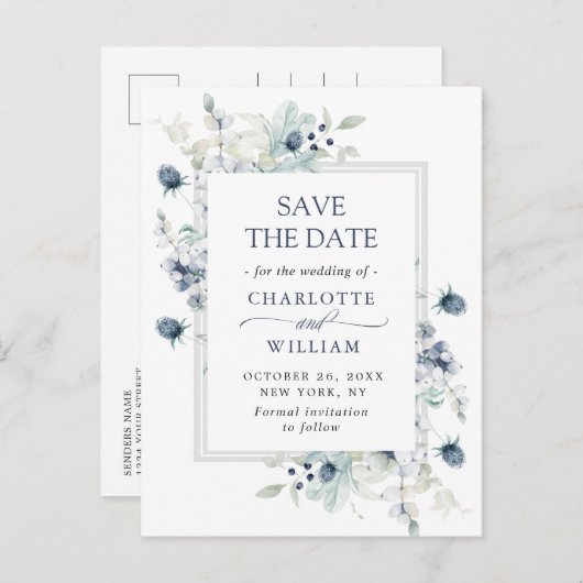 Elegant Dusty Blue Foliage Wedding Save the Date Aankondigingskaart (Voorkant / Achterkant)