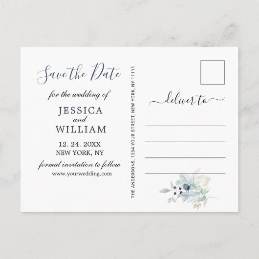 Elegant Dusty Blue Foliage Wedding Save the Date Aankondigingskaart (Achterkant)
