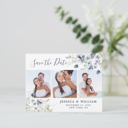 Elegant Dusty Blue Foliage Wedding Save the Date Aankondigingskaart (Staand voorkant)