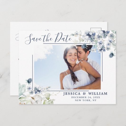 Elegant Dusty Blue Foliage Wedding Save the Date Aankondigingskaart (Voorkant / Achterkant)