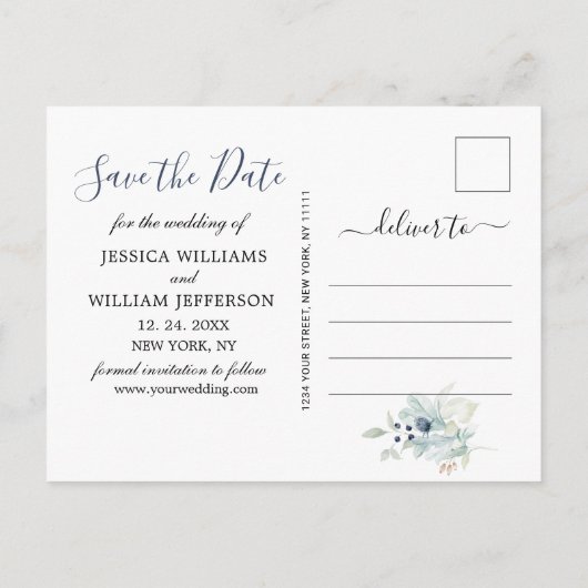 Elegant Dusty Blue Foliage Wedding Save the Date Aankondigingskaart (Achterkant)