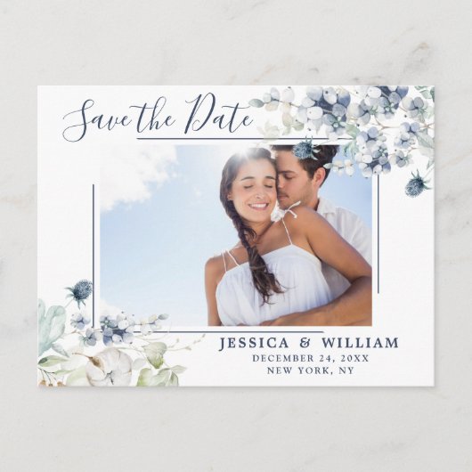 Elegant Dusty Blue Foliage Wedding Save the Date Aankondigingskaart (Voorkant)