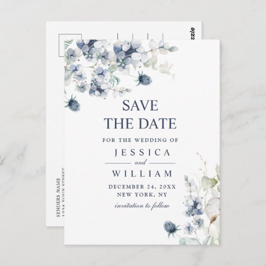 Elegant Dusty Blue Foliage Wedding Save the Date Briefkaart (Voorkant / Achterkant)