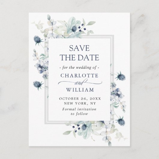 Elegant Dusty Blue Foliage Wedding Save the Date Briefkaart (Voorkant)