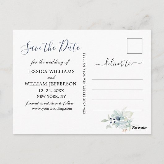 Elegant Dusty Blue Foliage Wedding Save the Date Briefkaart (Achterkant)