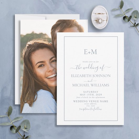 Elegant Dusty Blue Formal Monogram Foto Weddenscha Kaart