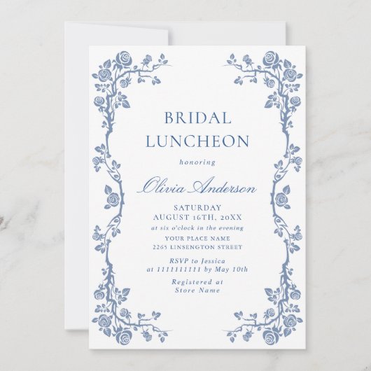 Elegant Dusty Blue French Garden BRIDAL LUNCHEON Kaart (Voorkant)