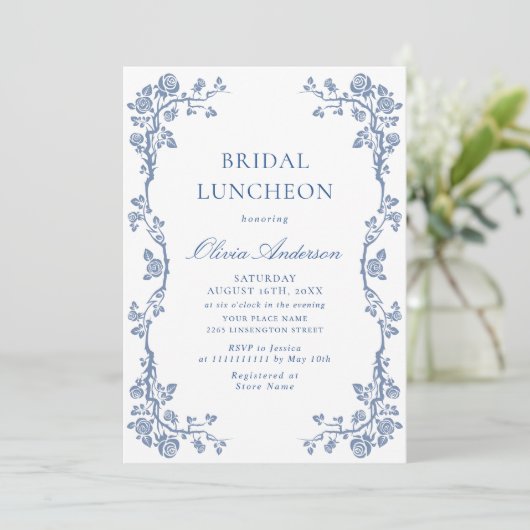 Elegant Dusty Blue French Garden BRIDAL LUNCHEON Kaart (Staand voorkant)