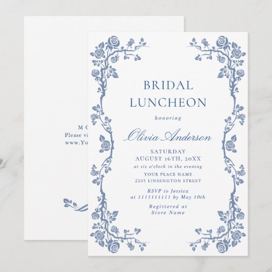 Elegant Dusty Blue French Garden BRIDAL LUNCHEON Kaart (Voorkant / Achterkant)