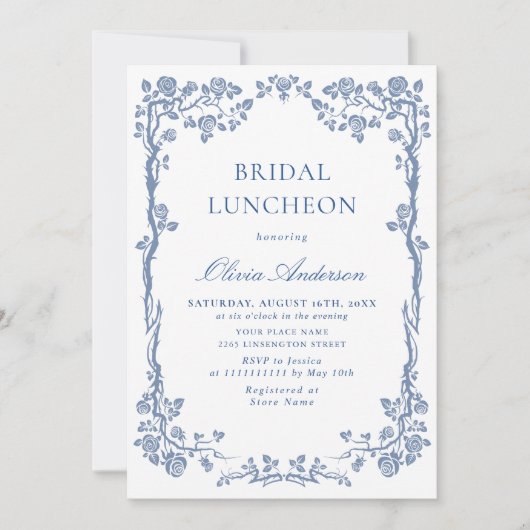 Elegant Dusty Blue French Garden BRIDAL LUNCHEON Kaart (Voorkant)