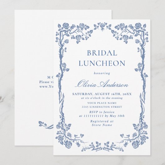 Elegant Dusty Blue French Garden BRIDAL LUNCHEON Kaart (Voorkant / Achterkant)