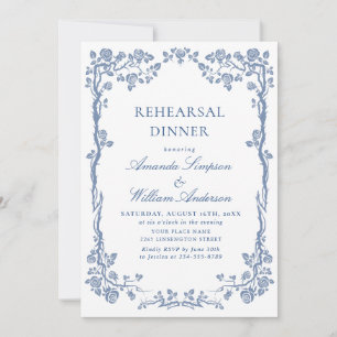 Elegant Dusty Blue French Garden Rehearsal Dinner Kaart
