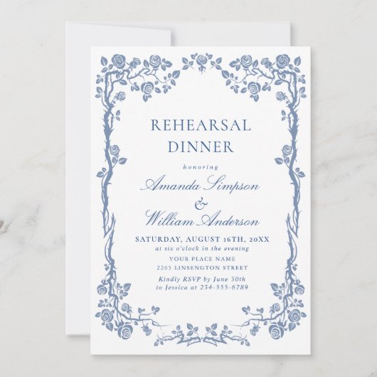 Elegant Dusty Blue French Garden Rehearsal Dinner Kaart (Voorkant)