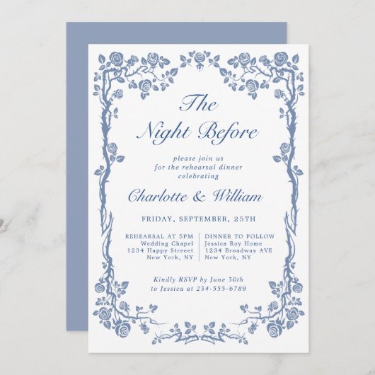Elegant Dusty Blue French Garden Rehearsal Dinner Kaart (Voorkant / Achterkant)
