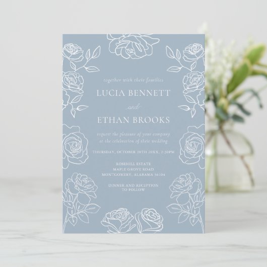 Elegant Dusty Blue French Roses Wedding Kaart (Staand voorkant)