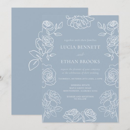Elegant Dusty Blue French Roses Wedding Kaart (Voorkant / Achterkant)