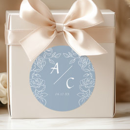 Elegant Dusty Blue French Roses Wedding Ronde Sticker