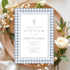 Elegant Dusty Blue Gingham Boy Baptism Kaart