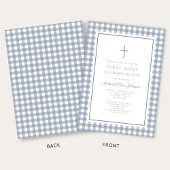 Elegant Dusty Blue Gingham Boy First Communion Kaart