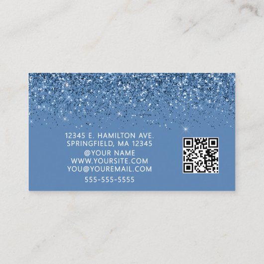 Elegant Dusty Blue Glitter Photo QR Code  Visitekaartje (Achterkant)