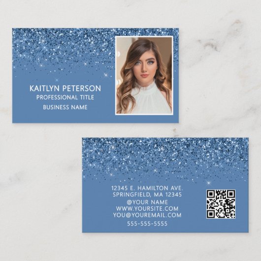 Elegant Dusty Blue Glitter Photo QR Code  Visitekaartje (Voorkant / Achterkant)