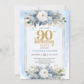 Elegant Dusty Blue Gold 90th Birthday Party Invite Kaart (Voorkant)