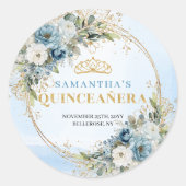 Elegant Dusty Blue Gold Eucalyptus Quinceañera  Ronde Sticker (Voorkant)