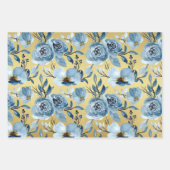 Elegant Dusty Blue Gold Floral Roos Set van 3 Inpakpapier Vel (Voorkant 2)