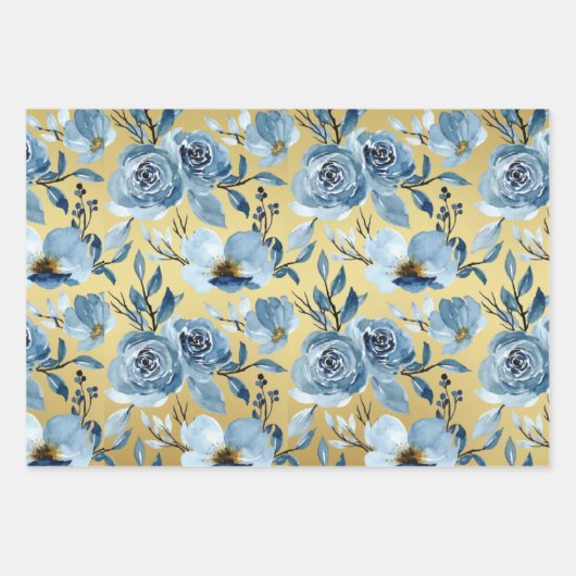 Elegant Dusty Blue Gold Floral Roos Set van 3 Inpakpapier Vel (Voorkant 2)