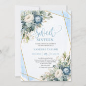 Elegant dusty blue gold floral sweet 16 invitation kaart (Voorkant)