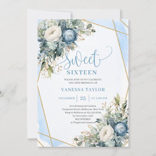 Elegant dusty blue gold floral sweet 16 invitation kaart (Voorkant)
