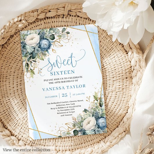 Elegant dusty blue gold floral sweet 16 invitation kaart