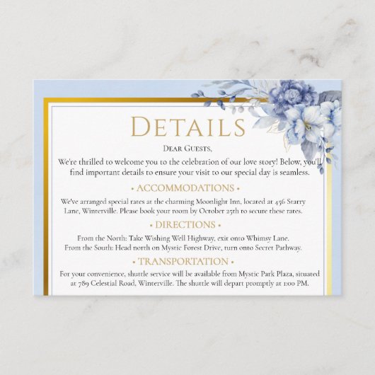 Elegant Dusty blue gold Floral wedding details  Informatiekaartje (Voorkant)