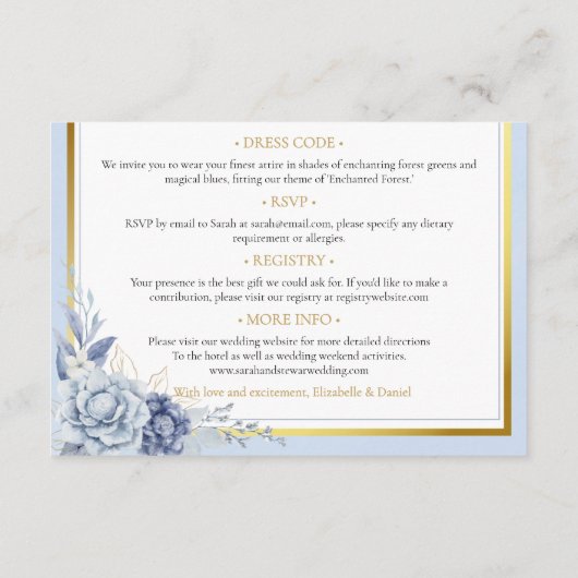 Elegant Dusty blue gold Floral wedding details  Informatiekaartje (Achterkant)