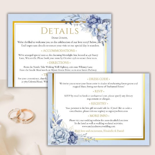 Elegant Dusty blue gold Floral wedding details  Informatiekaartje