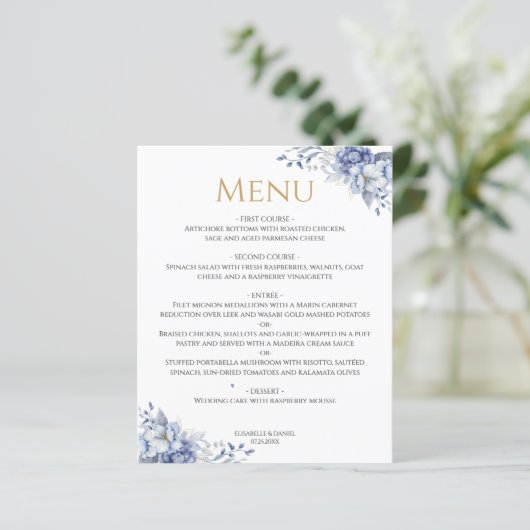 Elegant Dusty Blue Gold Floral Wedding Dinner Menu (Staand voorkant)
