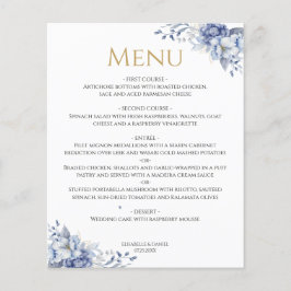 Elegant Dusty Blue Gold Floral Wedding Dinner Menu