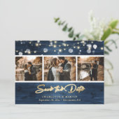 Elegant Dusty Blue Gold Foil Wood Weduwfoto Save The Date (Staand voorkant)