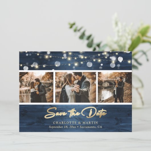 Elegant Dusty Blue Gold Foil Wood Weduwfoto Save The Date (Staand voorkant)