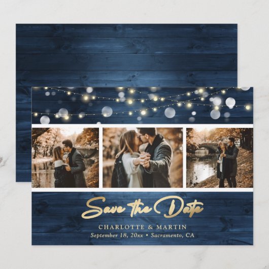 Elegant Dusty Blue Gold Foil Wood Weduwfoto Save The Date (Voorkant / Achterkant)