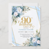Elegant dusty blue gold frame 90th birthday invite kaart (Voorkant)