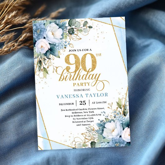 Elegant dusty blue gold frame 90th birthday invite kaart
