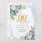 Elegant dusty blue gold frame floral 90th birthday kaart (Voorkant)